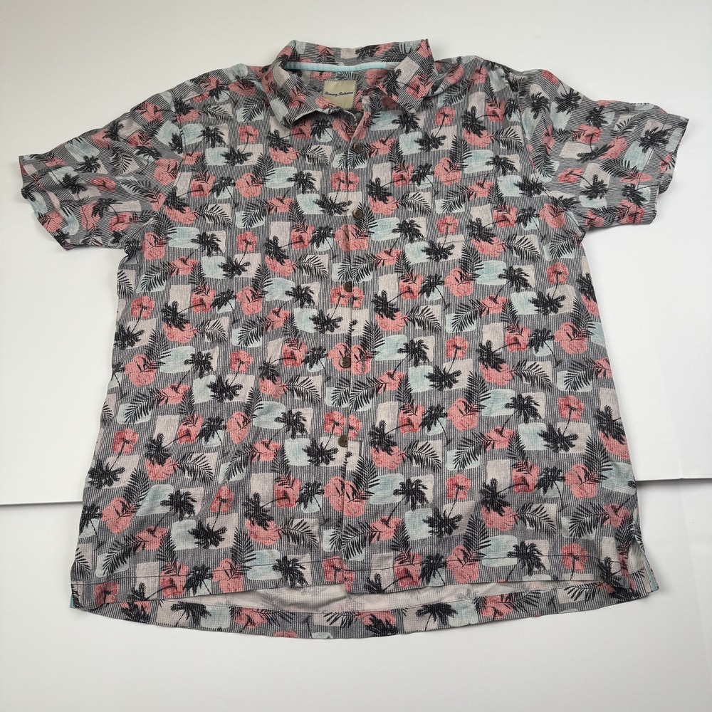 Tommy Bahama Shirt Mens XL Gray Pink Black Silk Floral Hawaiian Button Up Camp